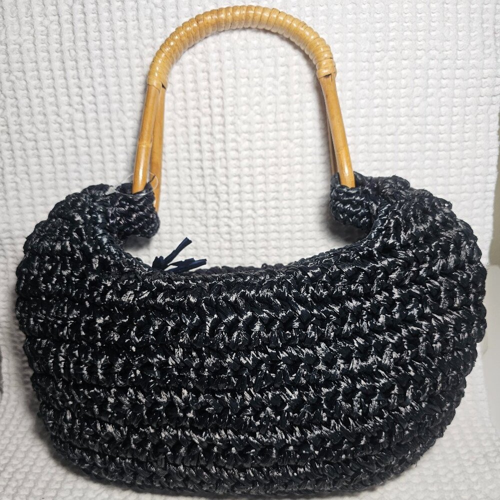 Black Straw Woven Purse With Wooden Handle